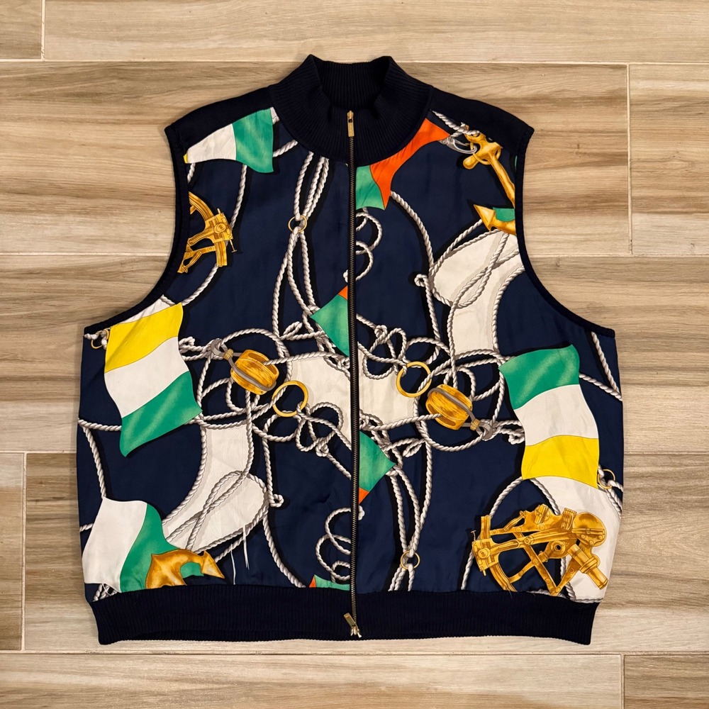 Lauren Ralph Lauren Silk Nautical Vest Zip Up Navy Blue Anchor Flag Print 3X
